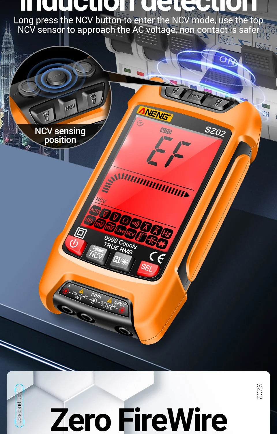 ANENG SZ02 Smart Digital Multimeter 9999 Counts True RMS Auto Electrical Capacitance Meter Temp Resistance Transistor Testers