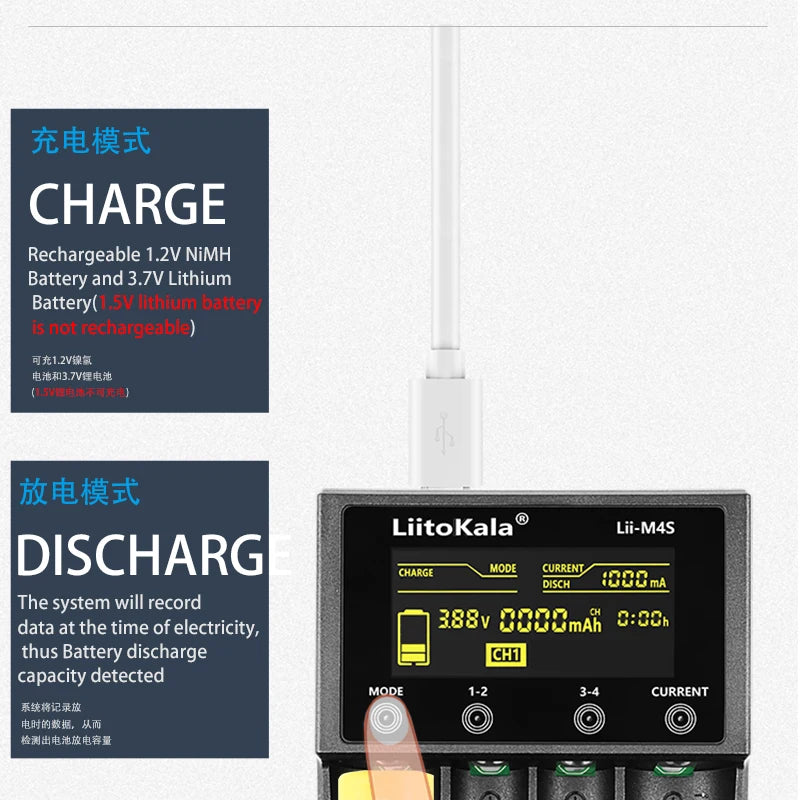LiitoKala Lii-M4S 5V EU AU UK US Plug Battery Charger For 3.7V 18650 26650 21700 14500 18350 17500 1.2V AA AAA A C