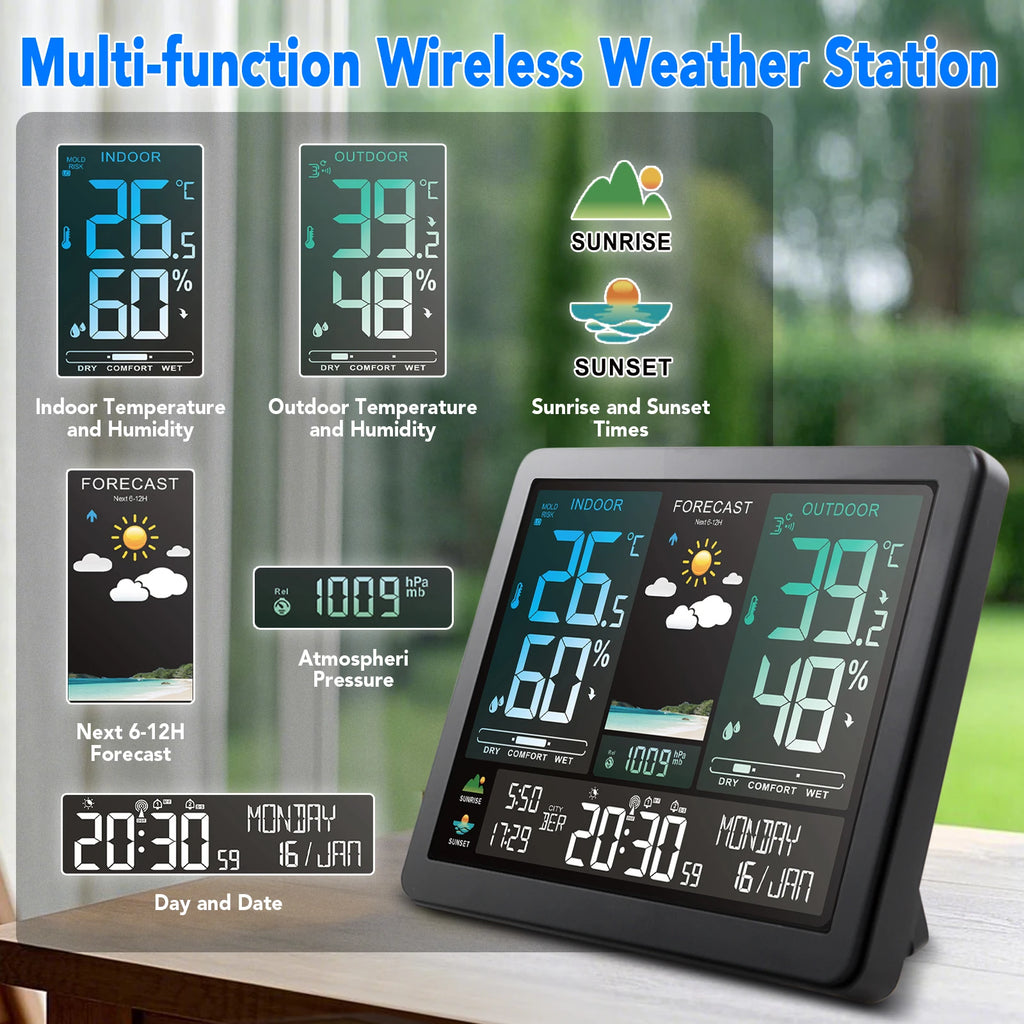 Wireless Weather Station Digital Indoor Outdoor Thermometer Hygrometer with 3 Remote Sensors Sunrise Sunset Forecast Alarm Clock