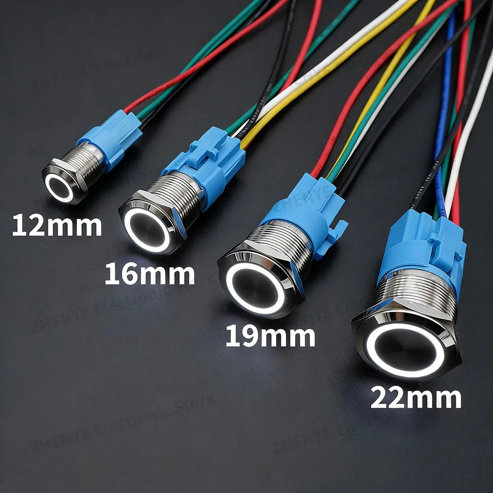 12mm 16mm 19mm 22mm Metal Switch Button Push With Wire Waterproof On Off Momentary/Latching Led Light Start Stop 5V 12V 24V 220V