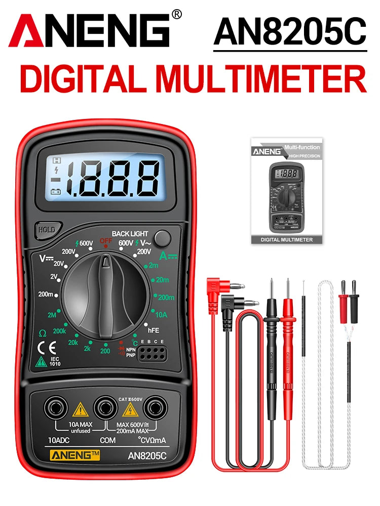 Digital Multimeter 1999 Counts 600V AC/DC Voltage Temp Test for Car Repair ANENG AN8205C Blue Backlight hFE Triode DIY Test Tool