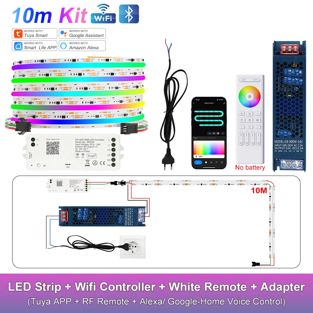 RGB-IC COB LED Strip with Tuya Wifi Controller 2.4G Remote Alexa Google Home Rainbow Color Addressable LED Tape 10m 20m 25m Kit