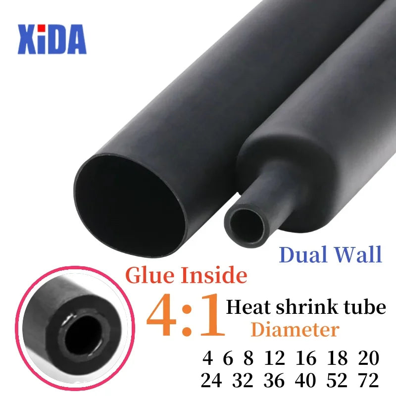 1M/5M 4:1 Black Heat Shrink Tube With Glue Thermoretractile Heat Shrinkable Tubing Dual Wall 4 6 8 12 16 18 20 24 32 36 40 52 72