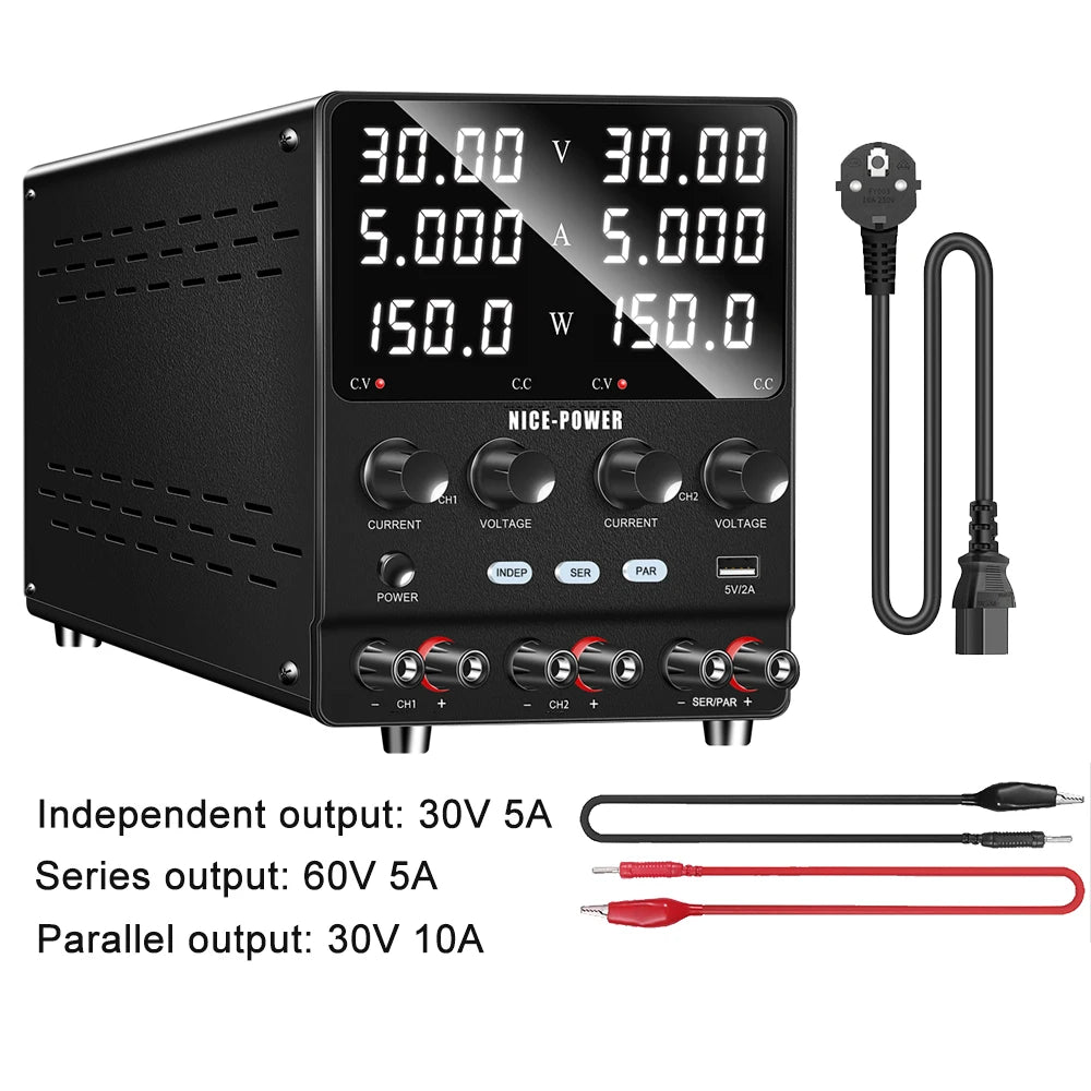 NICE-Power Dual Lab Power Supply 30V 10A Adjustable 3 Channel 60V 120V 240V Digital Bench Power Source Multiple Series Parallel