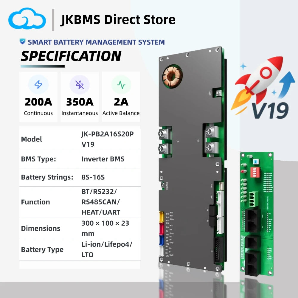 JIKONG PB2A16S20P Smart BMS 200A with 2A Active Balancer 8S 10S 12S 14S 16S 24V 48V LiFePo4 Li-Ion LTO Inverter Battery JK