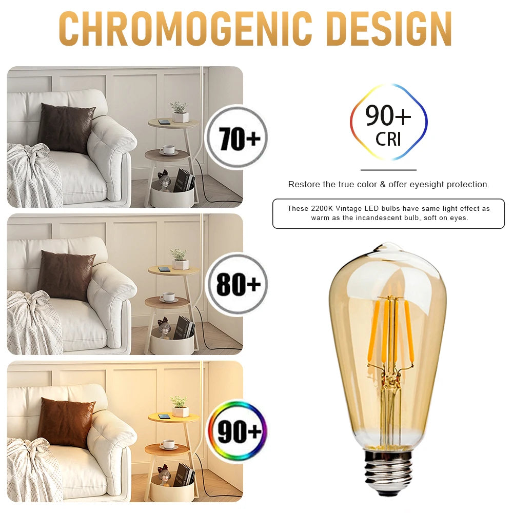 E27 Retro Edison Filament Bulb 4W 6W 220V ST64 Vintage LED Lamp Bulbs 2200K 2700K Warm White Amber Glass Light Bulbs for Home