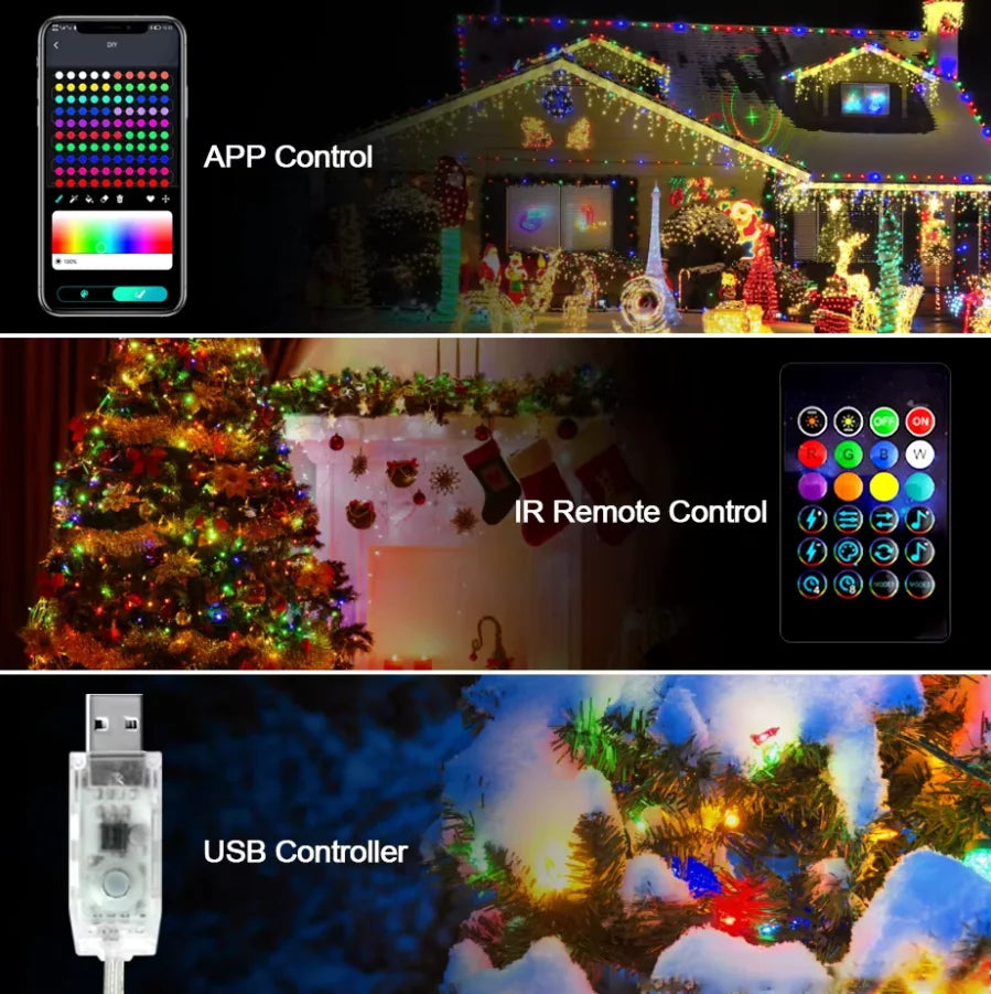 RGB Leather LED Fairy Lights 10M 40M Smart Bluetooth Music Light String IP65 Holiday Garland Decoration