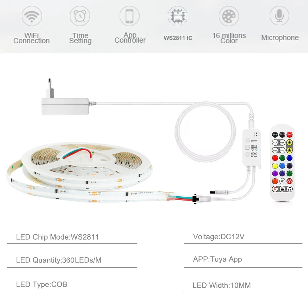 DC12V WS2811 RGBIC COB LED Light Strip Tuya WIFI APP Control For Alexa Google Addressable Flexible LED Light Tape