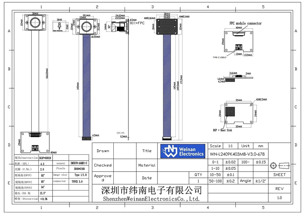 8MP 4K 30FPS 1/1.8-Inch IMX678 USB Camera Module DFOV 92° USB3.0/MIPI Fixed Focus Camera Module