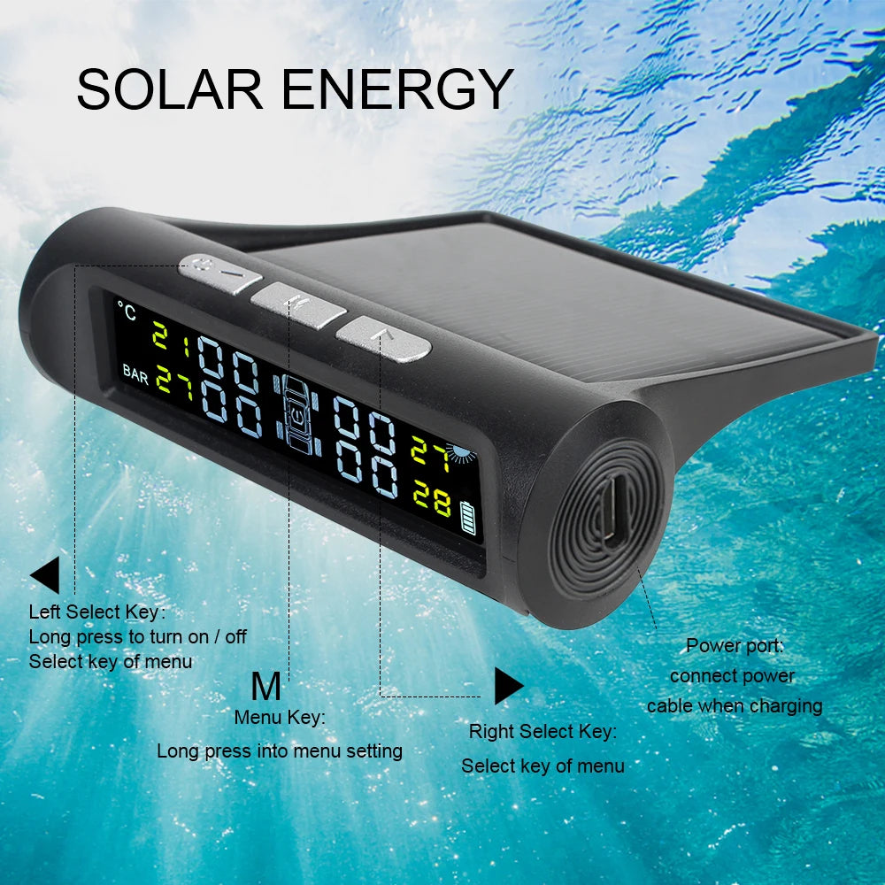 Temperature Warning Fuel Save Tire Pressure Monitoring System Solar TPMS With 4 External Sensors Car Tyre Pressure Monitor