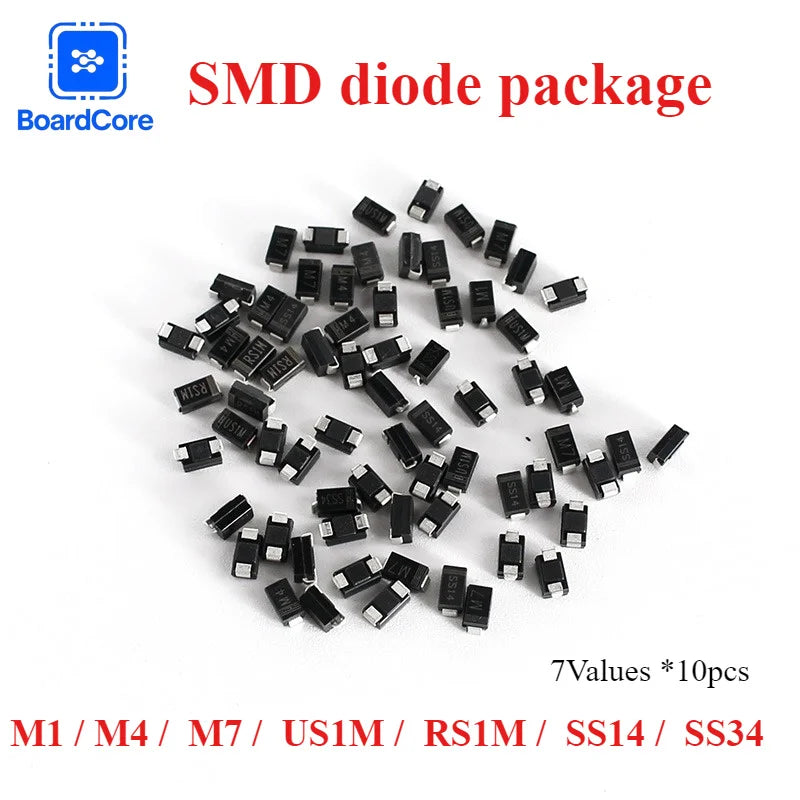 70/210pcs SMD Diodes 7 Values Electronics Schottky Diode Set Includes 1N4007 M7 1N4001 M1 1N4004 M4 SS14 1N5819 US1M RS1M SS34