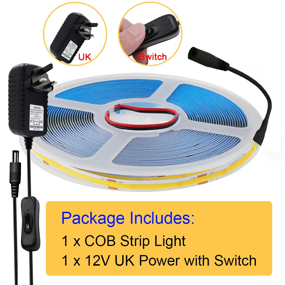 New 12V COB Led Strip With Switch Power Kit US EU UK AU Plug Flexible Light Tape Ra90 320 Leds High Density Linear Lighting