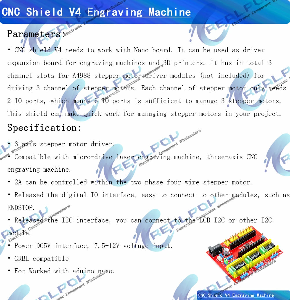 CNC Shield V4 Engraving Machine Compatible With Nano 3.0 / A4988 Driver Expansion Board Module for the 3D Printer Diy Kit