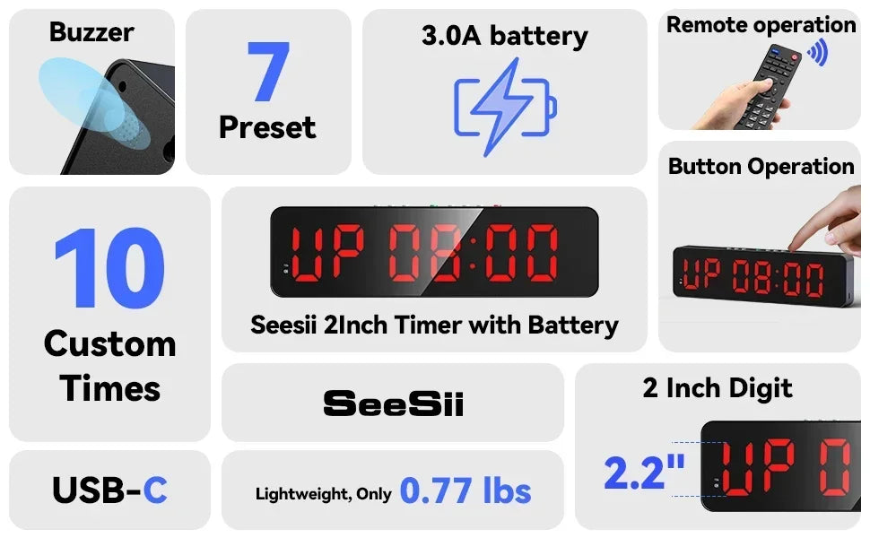 Gym Timer with Remote 12''x 3.5''Ultra-Clear Interval Timer with LED Countdown/Up Wall Clock Power Fitness Timer Stopwatch