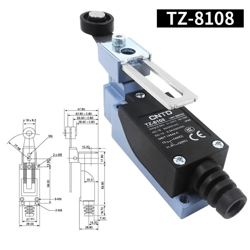 Limit Switch TZ-8108 IP65 Waterproof Roller Lever 10A 250VAC 1NO 1NC Travel Switch for CNC Machine Industrial Automation CNTD