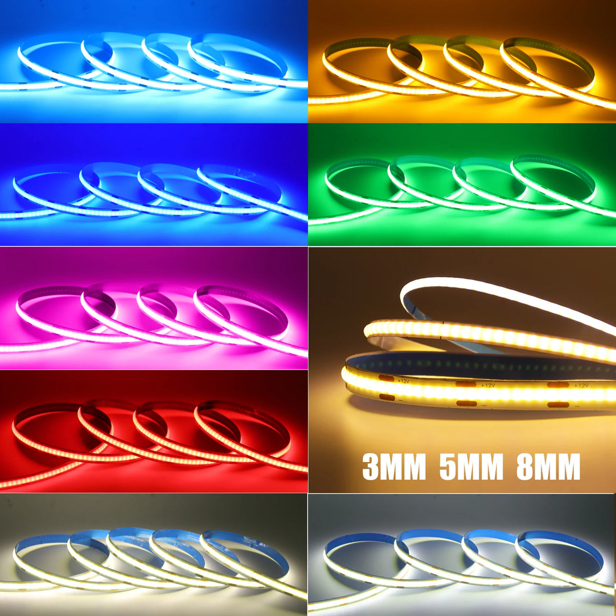 DC 12V COB LED Strip Light for Home Decor 3MM 5MM 8MM 0.5-5M 9 Color White/Red/Blue/Pink/Green Flexible Ribbon TV Backlight Rope