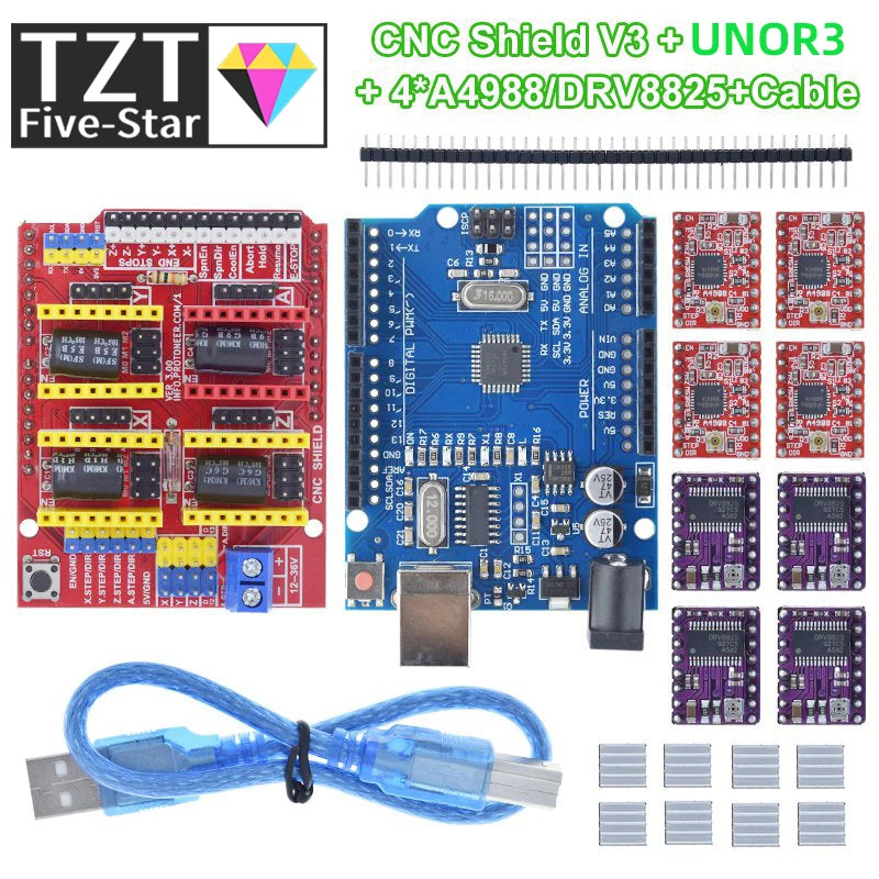 TZTUNO R3 Shield V3 Engraving Machine 3D Printe+ 4pcs DRV8825 Or A4988 Driver Expansion Board For Arduino With USB Cable