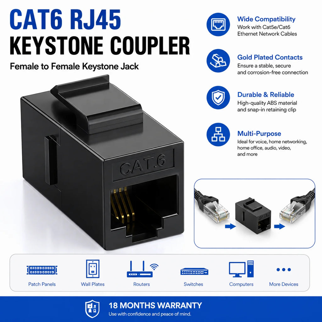 Acoplador Keystone RJ45 Cat6 Cat5e, conector Keystone Cat6 Cat5e hembra a hembra, inserto de acoplador Keystone UTP, negro