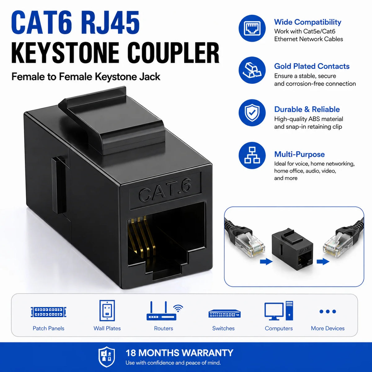 Acoplador Keystone RJ45 Cat6 Cat5e, conector Keystone Cat6 Cat5e hembra a hembra, inserto de acoplador Keystone UTP, negro