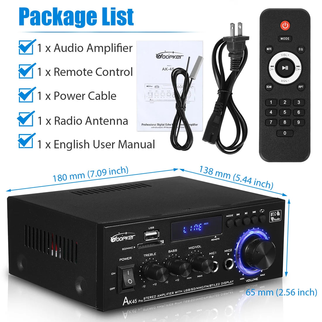 Woopker AK35/AK45 Pro/AK55 Digital Amplifier Bluetooth Sound Amplifier 2 Channel HIFi FM USB Audio Amp For Home Car Karaoke