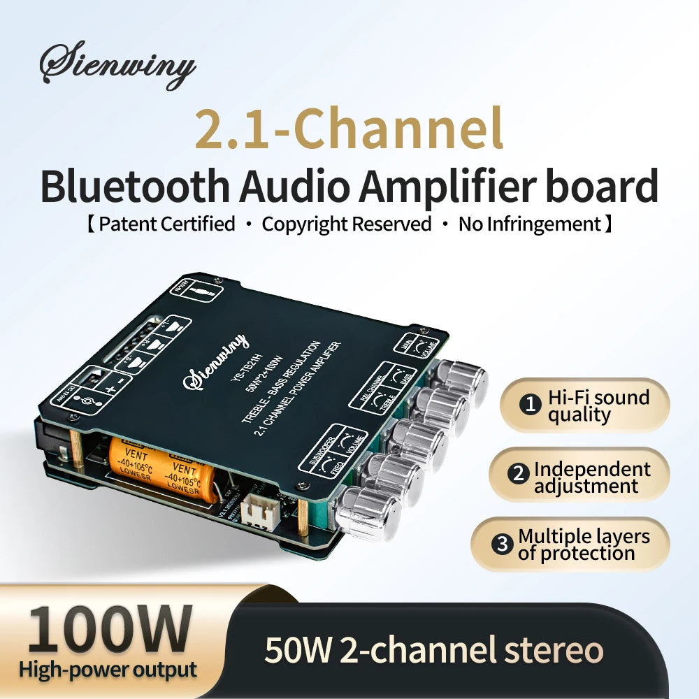 YS-TB21H TPA3116 Bluetooth 5.1 Audio Amplifier Board 2.1 Channel 50Wx2+100W Subwoofer APP Control HiFi Stereo Power Amp