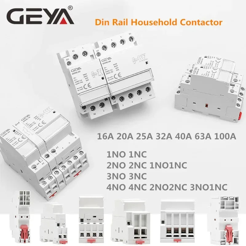 GEYA Din Rail Mounted Household Modular AC Contactor for Smart Home/Hotel - AC220V, 2P, 16A/20A/25A, 2NC/2NO/1NO1NC, 50/60Hz