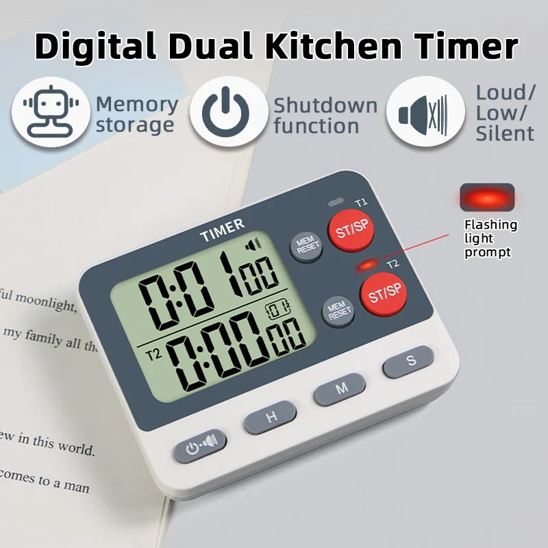 Digital Dual Kitchen Timer with Magnetic Back & Memory Presets, 2 Groups Countdown/Up Stopwatch Timer for Cooking, Baking