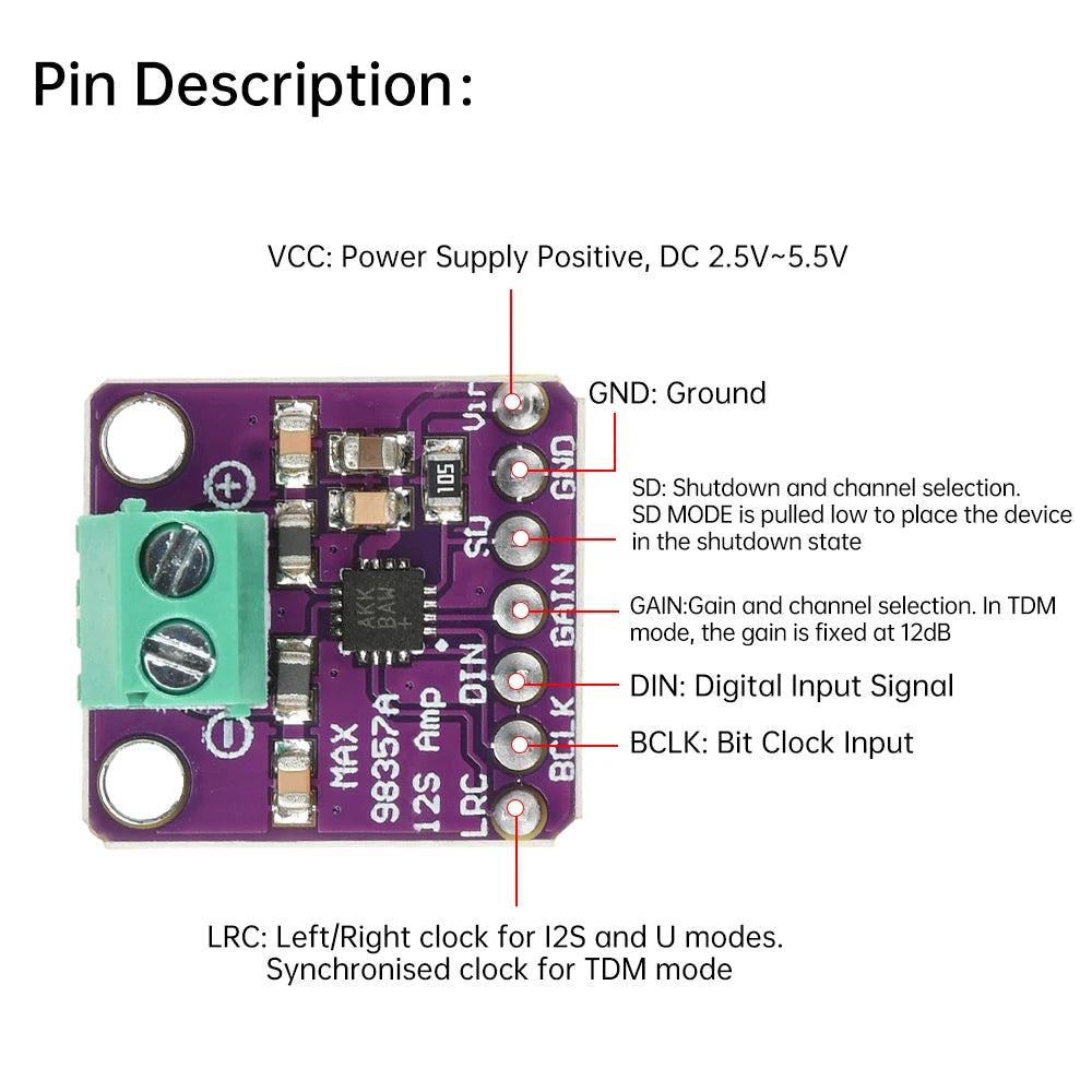 High Quality MAX98357 MAX98357A I2S 3W Class D Amplifier Breakout Interface I2S DAC Decoder for Raspberry Pi Esp32