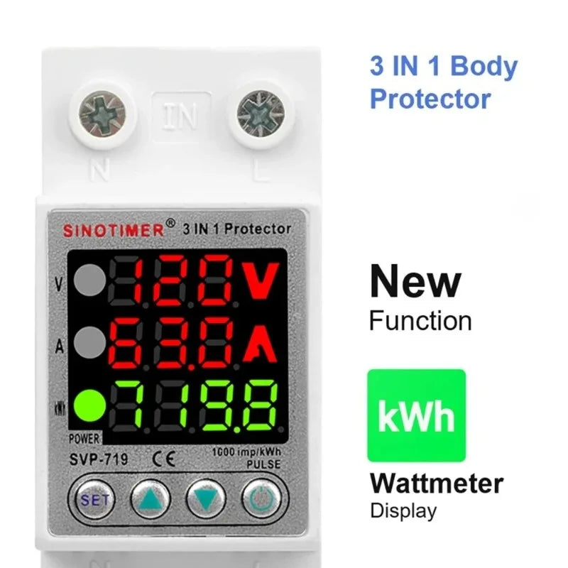 110VAC 120V Dual/Three Display Adjustable Over Voltage Current Under Voltage Protector KWh Energy Meter 40A 63A Protection Relay