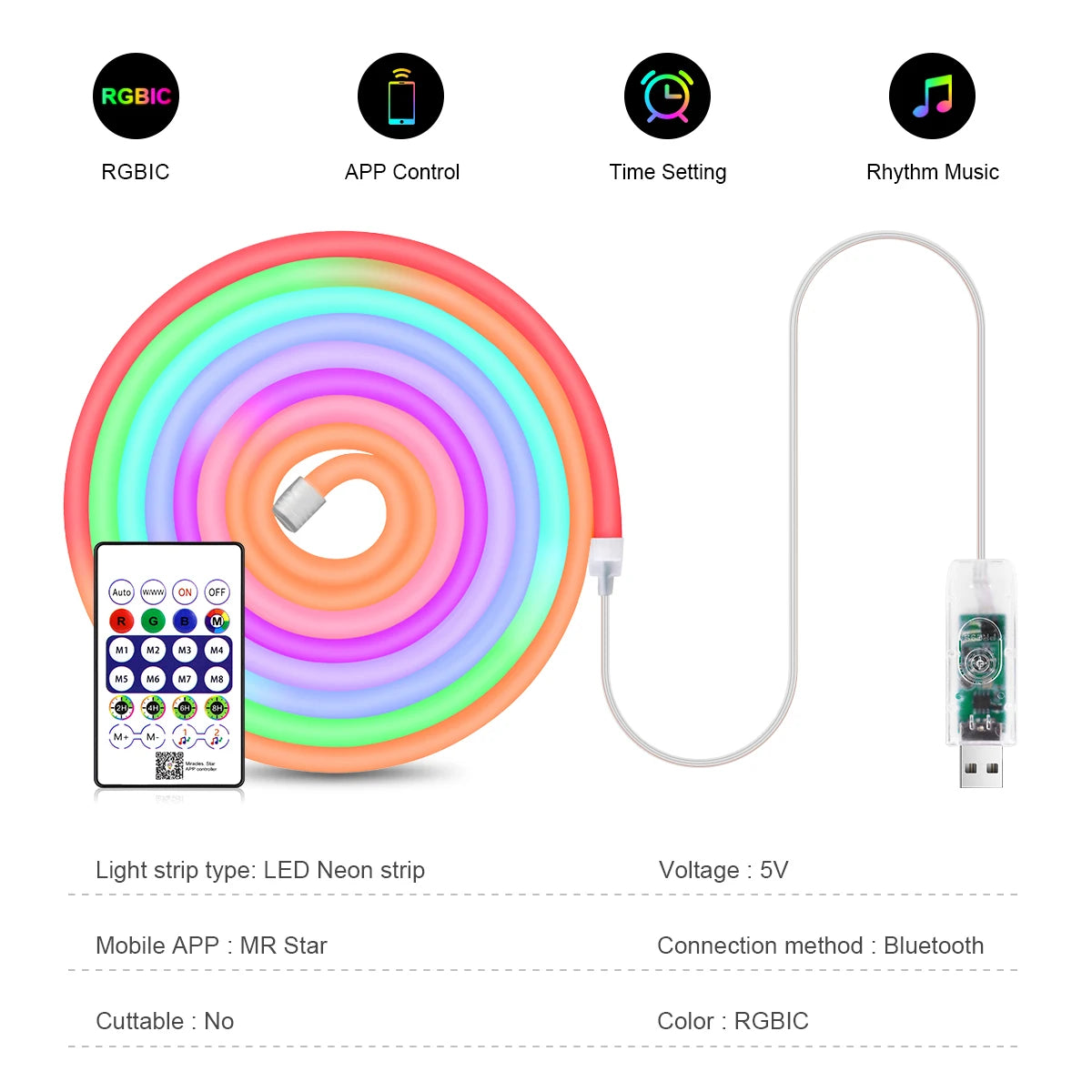 Smart Bluetooth Colorful RGB LED Strip Neon Light 1M 2M 3M 5M With 5V USB Remoter LED Dimmer Night Room Table Cabient Lamp Decor