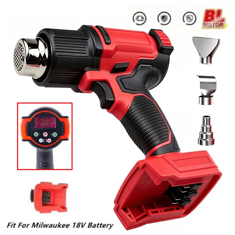 For Milwaukee 18V Battery Hot Air Gun 60-540℃ Adjustable Cordless Heat Gun with 3 Nozzle LCD Display Power Tools
