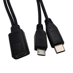 30cm USB 1/2 Type-C Female to Type-C Male Plus Micro USB Male Phone Charging Tablet Connection Cable