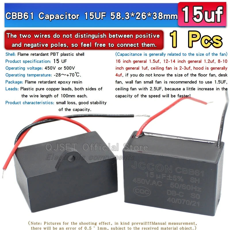 1pcs CBB61 Fan Starting Capacitor 450V 0.8/1/1.2/1.5/2/2.5/3/3.5/4/4.5/5/6/7/8/10/12/15/18/20UF Ceiling Fan Hood Motor Capacitor