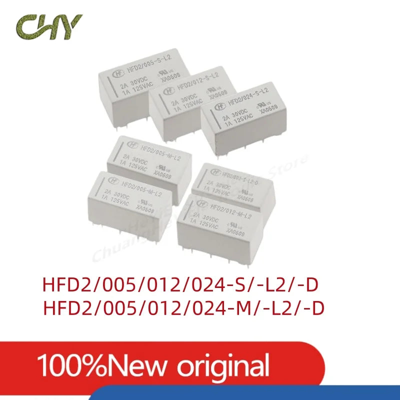 5V Coil Bistable Latching Relay DPDT 30VDC 2A 1A 125VAC HFD2-005/012/024-S-L2-D HFD2-005/012/024-M-L2-D HFD2-005/012/024-M/S