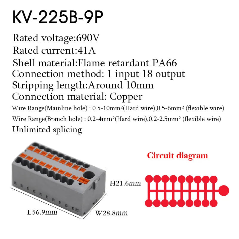 1PC 225 Series Wire Connectors Plug-in Electrical Terminal Block Spliceable One In Multiple Out Splitter Guide Rail Junction Box