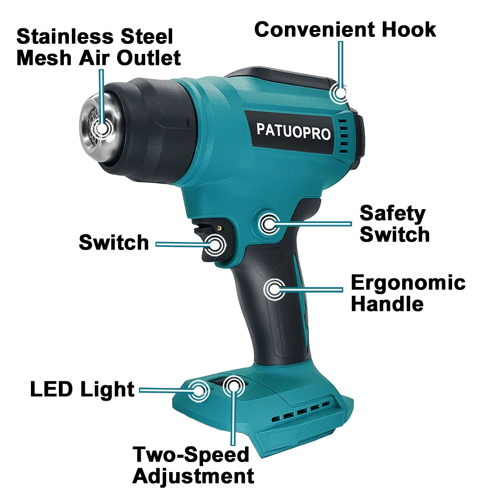 PATUOPRO Adjustable Temperatures Heat Gun 30-550℃ LED Display Cordless Electric Hot Air Gun Power Tools For Makita 18V Battery