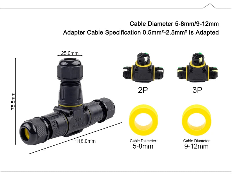 IP68 M20T Quick Outdoor Waterproof T Shape Connector 2/3 Pin Screw Electric Wire Terminal Adapter Home For LED Lighting 16A/380V