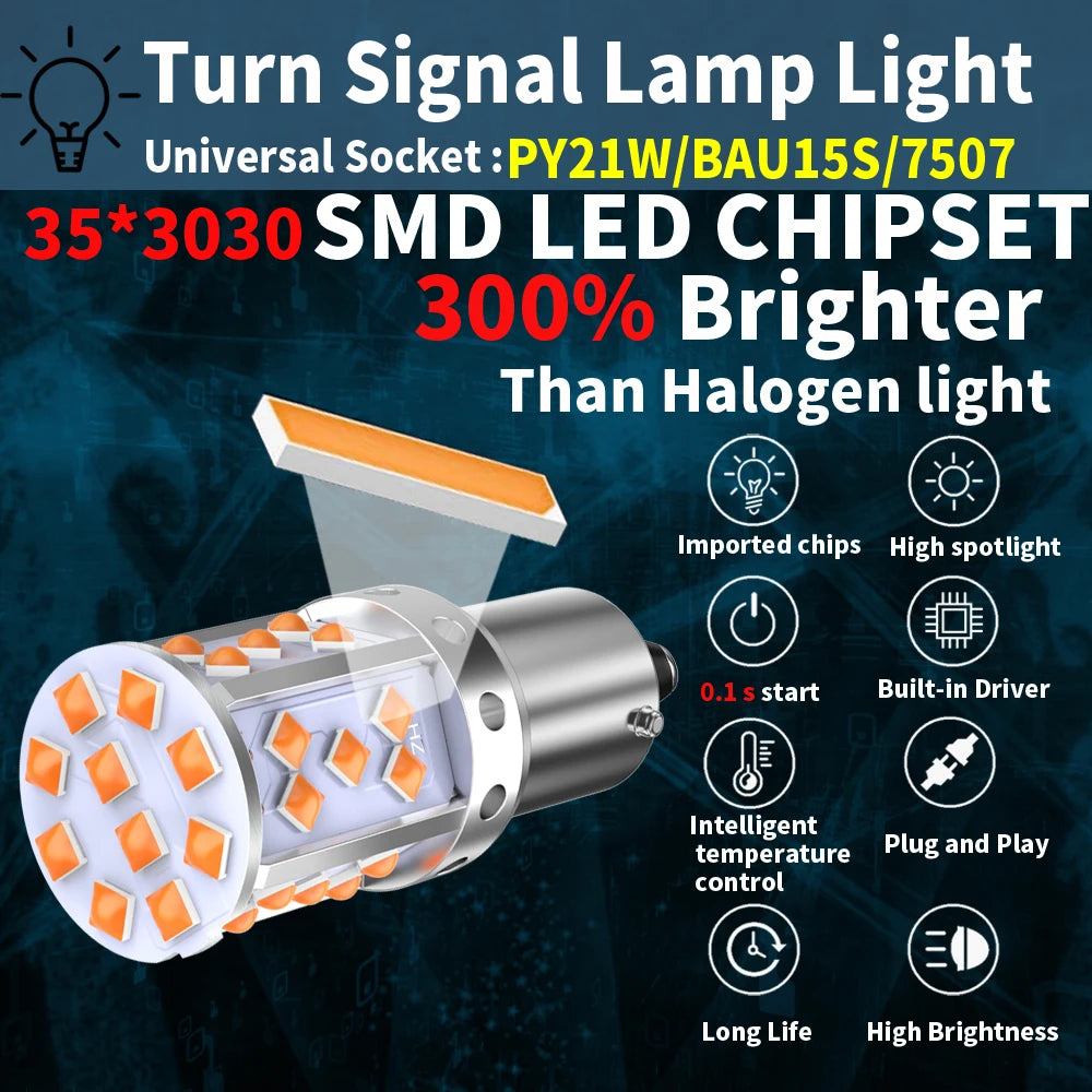 2pcs LED P21W 1156 BA15S PY21W BAU15S 3030 35SMD Bulb Canbus Free T20 7440 W21W Lamp For Car Turn Signal Light Backlight Orange