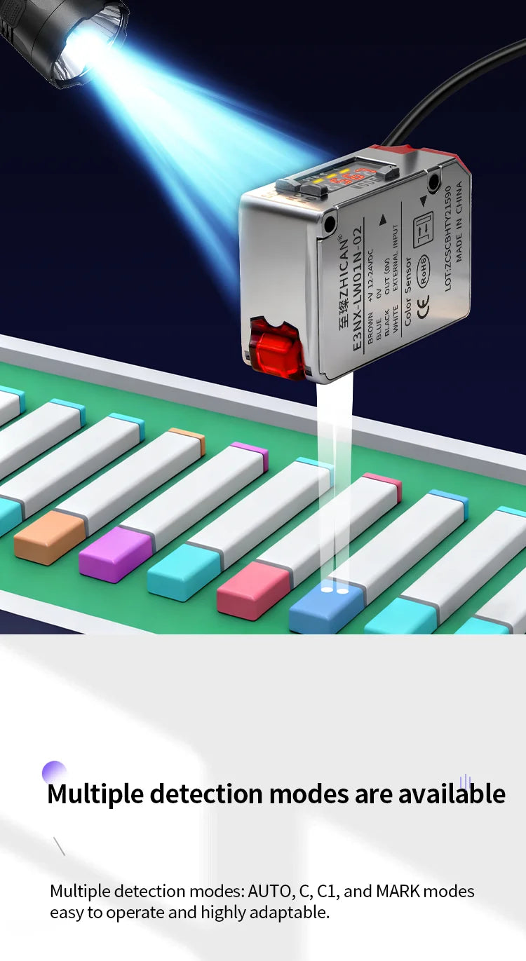 ZHICAN E3NX-L Color Mark Sensor 30-200mm Adjustable Sensing Distance High Precision Registration Detection Label Positioning
