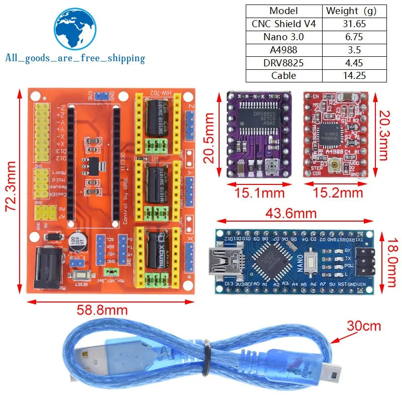 TZT 1SET 3DV4 CNC Shield V4 + Nano 3.0 + 3pcs DRV8825 or A4988  Reprap Stepper Drivers Set For  Arduino