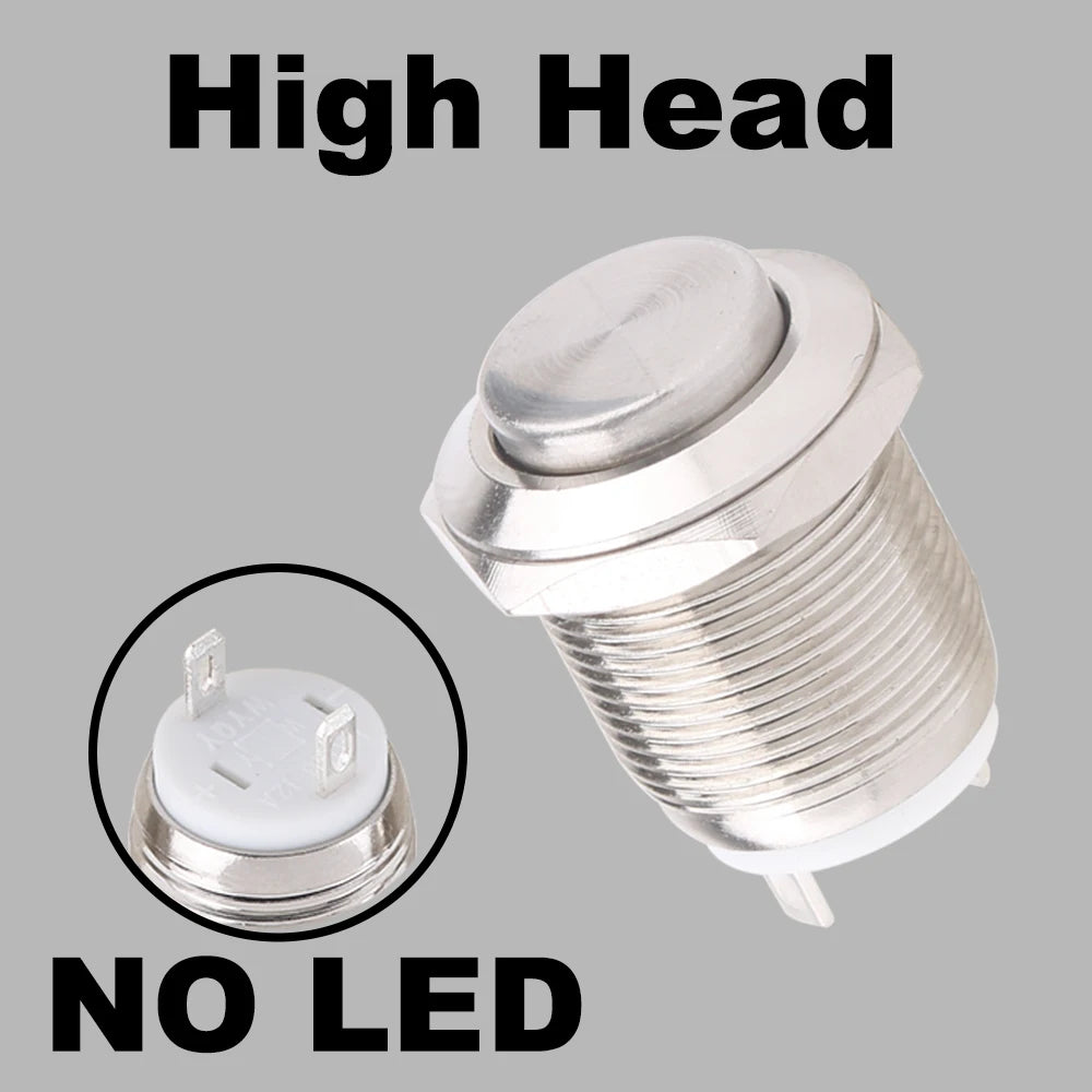 1 pc 12mm metal push button waterproof nickel plated brass switch flat high head Round shape momentary self reset 1NO latching