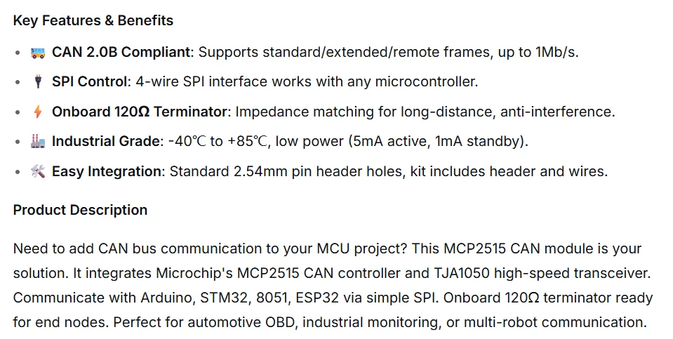 MCP2515 CAN Bus Module TJA1050 SPI Interface Receiver High Speed Industrial Grade for Arduino for STM32 for 51 MCU Automotive