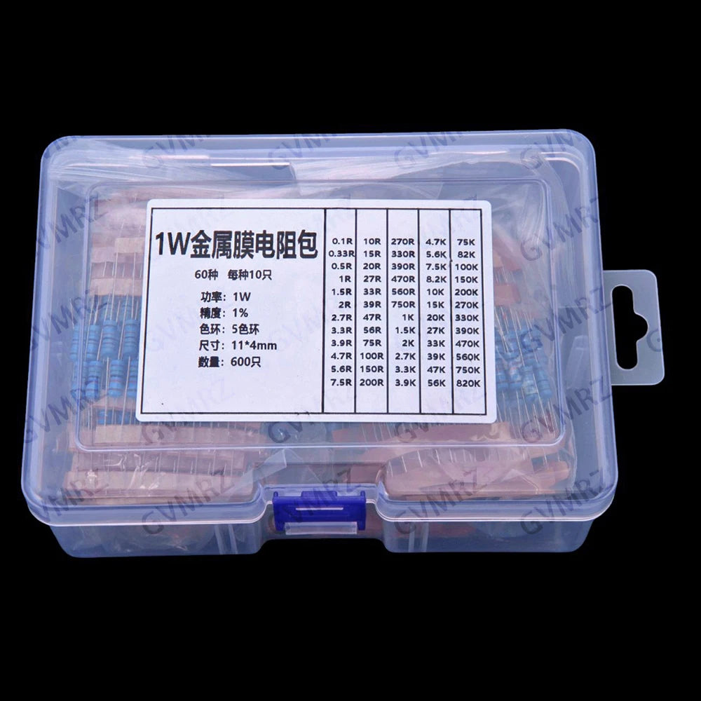 60Values 2W 3W 1/2W 1W 1% Metal film resistors kit dip 0.1R 100R 200R 300R 1K 2K 3K Resistor 0.1R-3K