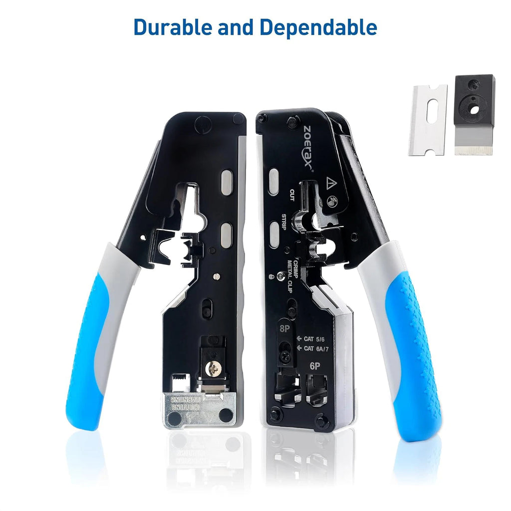 ZoeRax RJ45 Ethernet Crimping Tool for CAT8 Cat7 Cat6a Cat6 Cat5e Ethernet Connectors with wire stripping and cutting functions