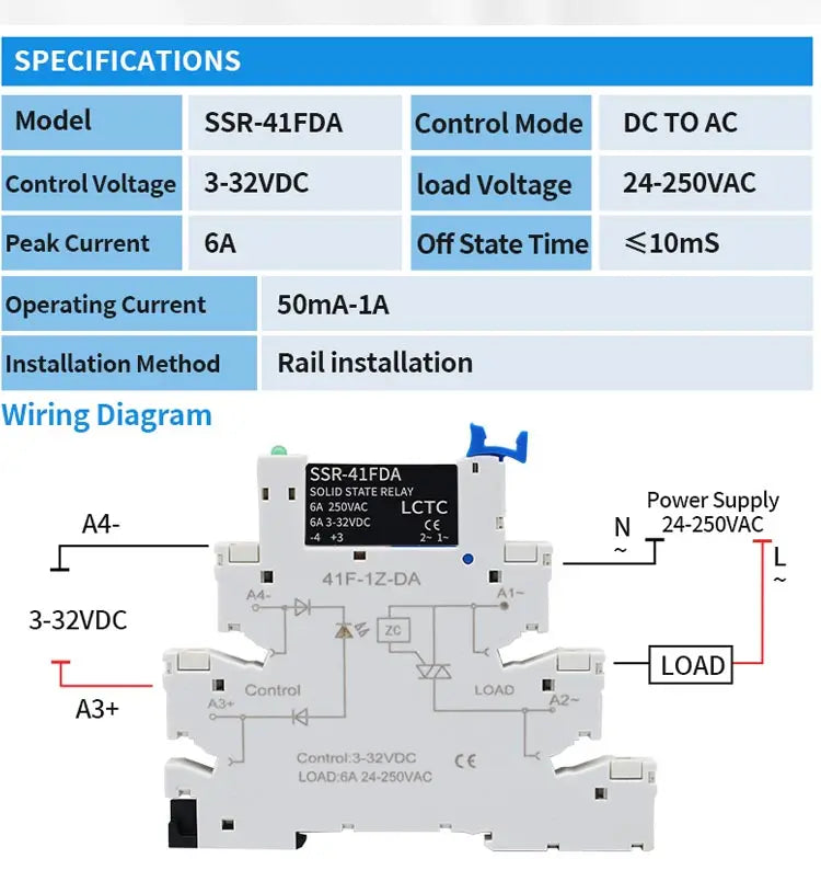 10PCS DIN Rail Mounted Solid State Relay Slim SSR Relay Module DC Control AC DC Control DC 6A SSR-41FDA/DD