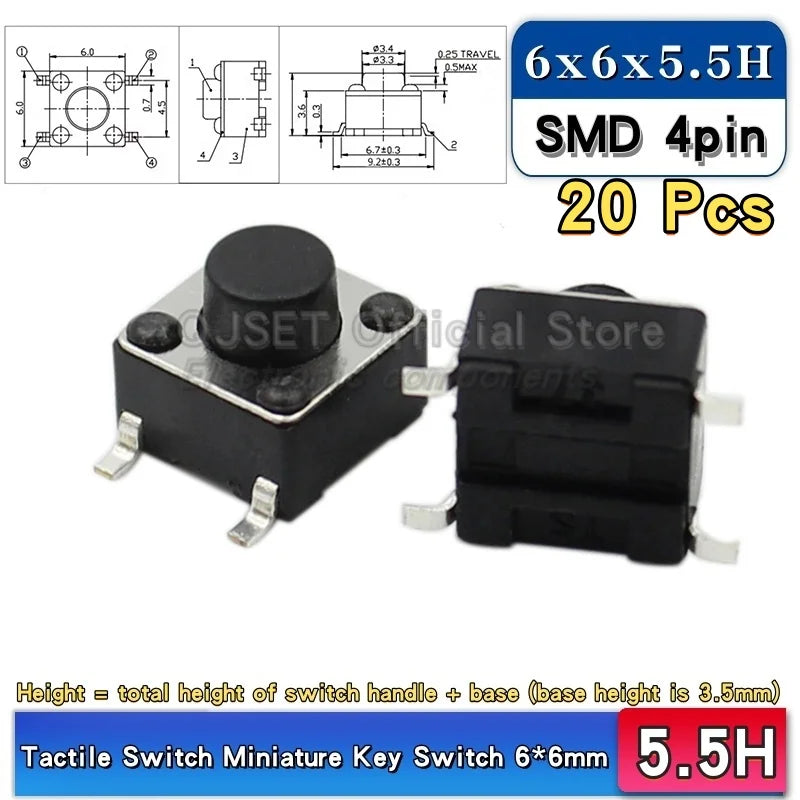 20pcs SMD Tactile Switch 6*6*4.3mm 6x6x5/6/7/8/9/10/11/12/13/14mm 6X6 4-Pin SMT Induction Oven Touch Tactile Button Micro Switch