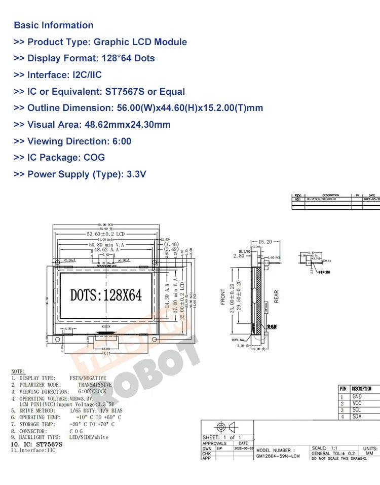 TENSTAR 12864-59N IIC 4P LCD Module  I2C ST7567S COG Graphic Display Screen Board LCM Panel 128x64 Dot Matrix Screen