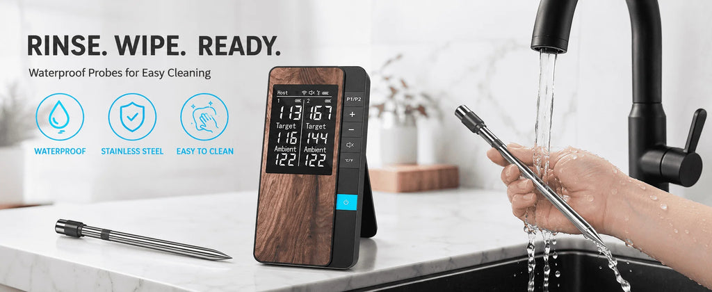 Wireless Meat Thermometer Digital Bluetooth Probe Thermometer Rechargeable with LCD Screen & Mobile APP for BBQ Oven Rotisserie