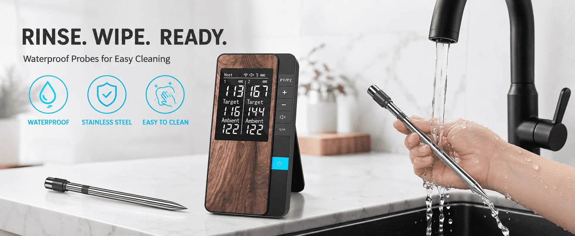 Wireless Meat Thermometer Digital Bluetooth Probe Thermometer Rechargeable with LCD Screen & Mobile APP for BBQ Oven Rotisserie