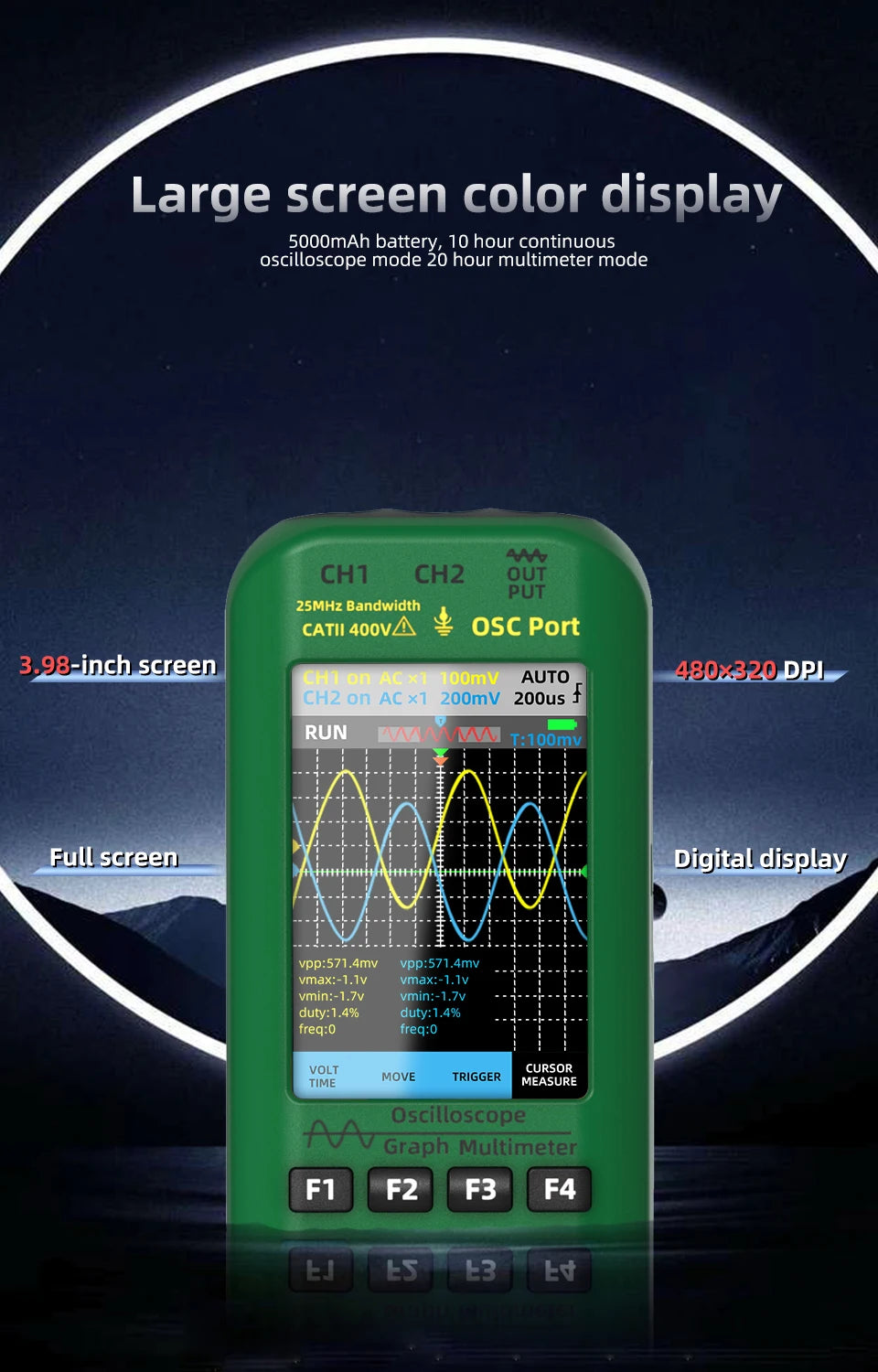 BSIDE 4-IN-1 Handheld Oscilloscope Digital Multimeter+Function Signal Generator Dual Channel O7:25MHz/O9:50MHz Current Tester